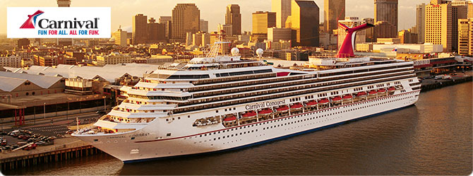 Carnival Conquest cruise ship with city skyline in background