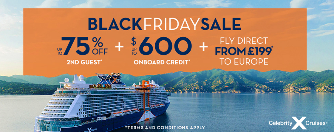 Celebrity Cruises 75% off second guest plus up tp $600 onboard credit Black Friday sale 2023