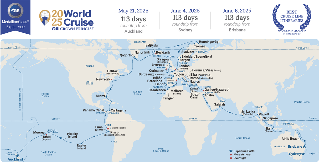 arcadia world cruise 2025 itinerary