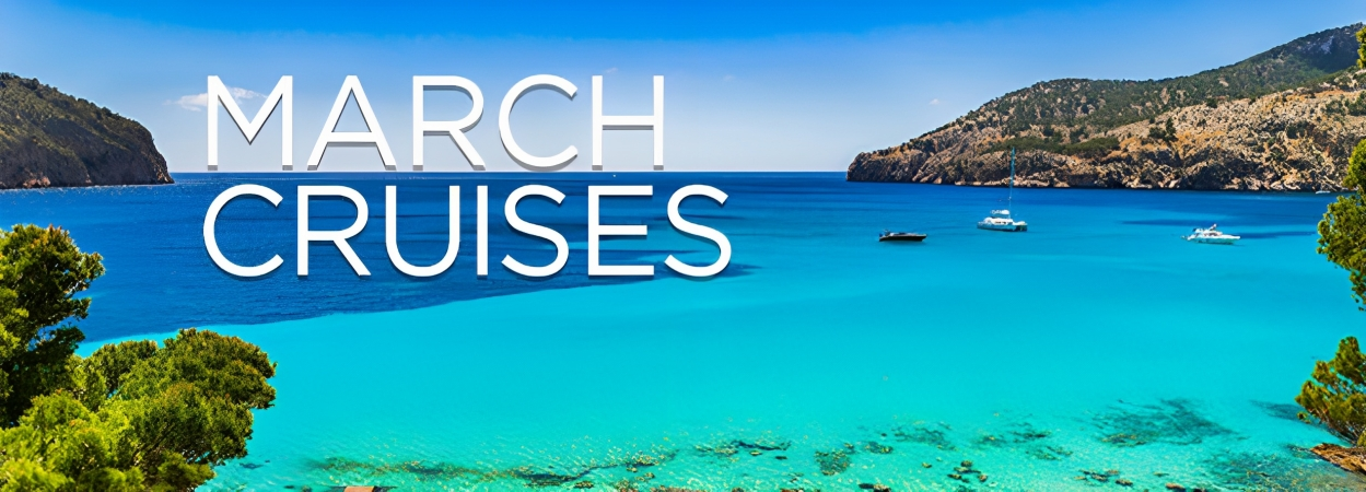 March Cruises turquoise waters on an island shore 