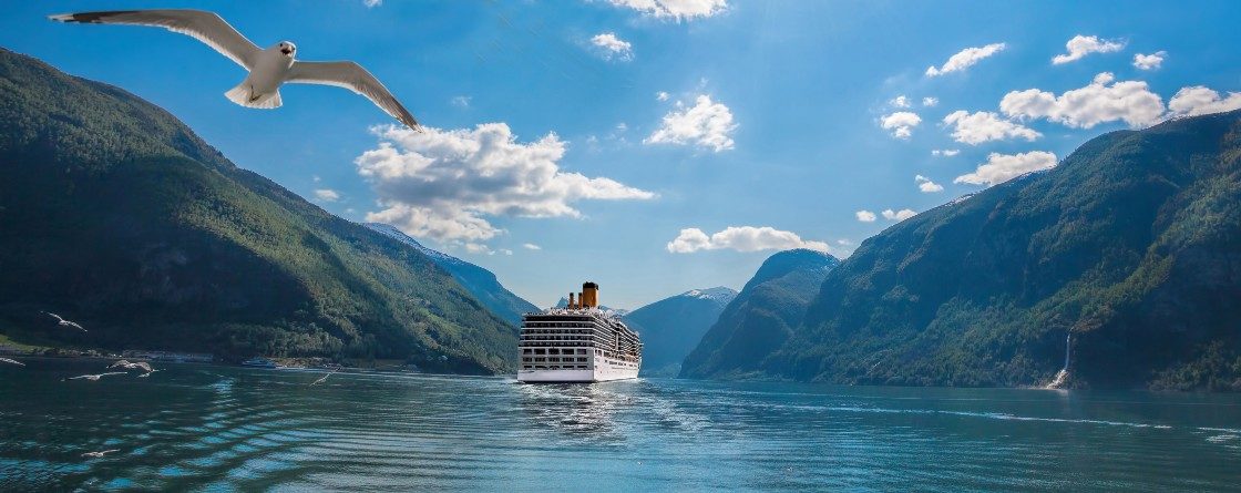 Cruise ship sailing between green fjords