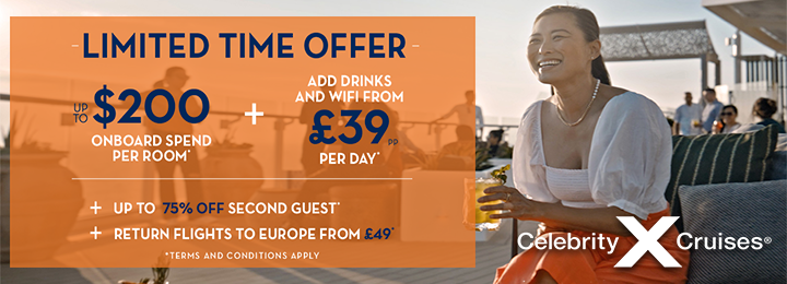 Celebrity up to $200 onboard spend plus fly to Europe from £39