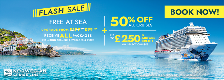 NCL's February 2024 Sale 50% off all cruises free at sea receive all packages
