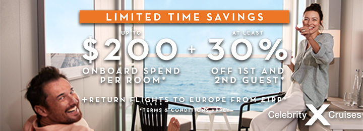 Celebrity Cruises at least 30% off second guest